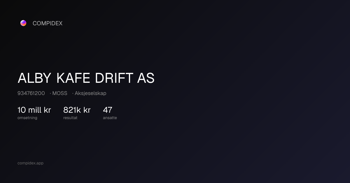 ALBY KAFE DRIFT AS (934761200) — Nøkkeltall, roller og økonomi | COMPIDEX