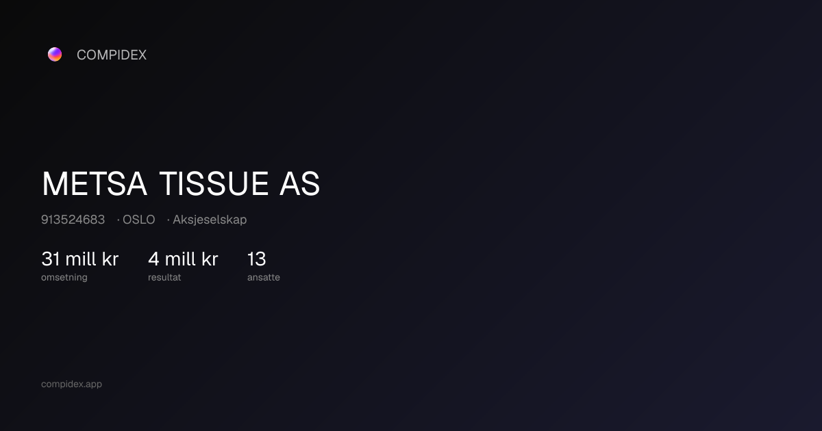 METSA TISSUE AS (913524683) — Nøkkeltall, roller og økonomi | COMPIDEX