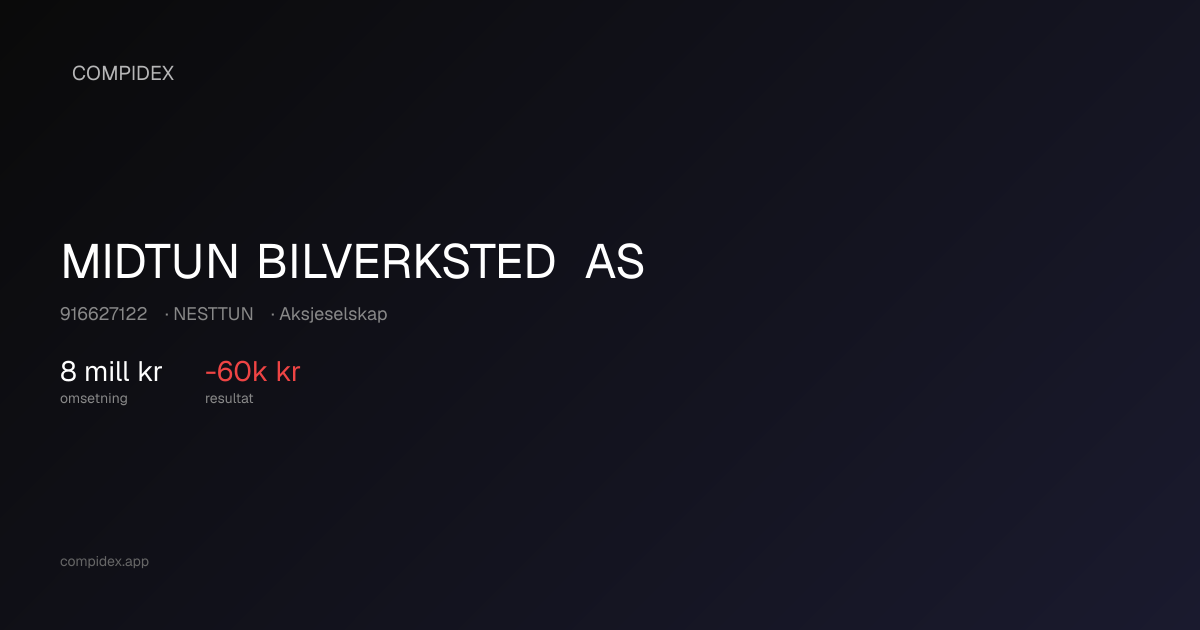 MIDTUN BILVERKSTED AS (916627122) — Nøkkeltall, roller og økonomi ...